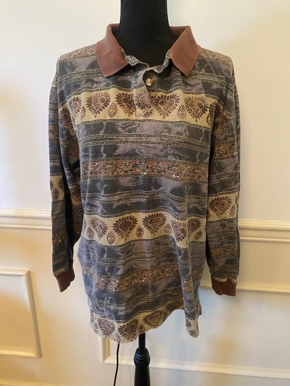 Vintage Hunt Club Men's Long Sleeve Polo Geometric Aztec Cotton Brown Dadcore
